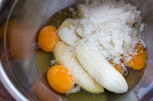 bananas, eggs and shredded coconut