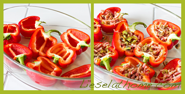 red bell pepper with bacon, leek and mushroom