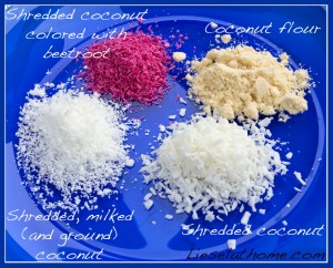 four heaps of shredded coconut and coconut flour