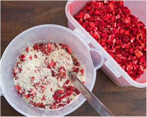 dried strawberries mixed with the dry ingredients