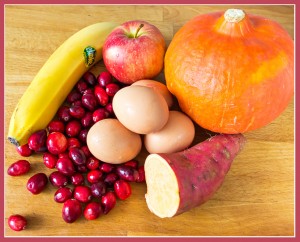 banana, cranberries, eggs, pumpkin and sweet potato