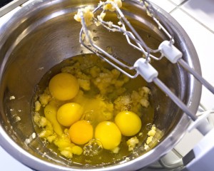 one mashed banana and six cracked eggs