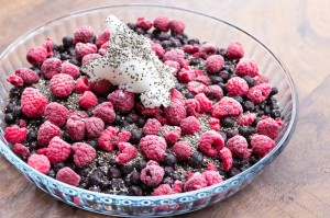 frozen blueberries and raspberries, coconut oil and chia seeds