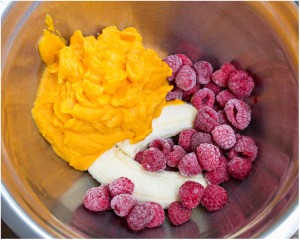 mashed sweet potato, raspberries and a banana