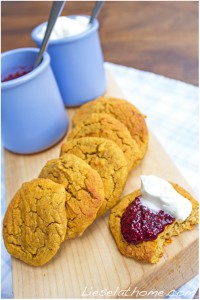 sweet potato mini scones with whipped cream and chia berry jam