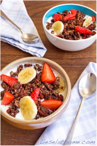 chocolate granola or muesli with yogurt and fruit