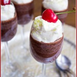 chocolate dessert with whipped cream, cherries and green coconut sprinkles