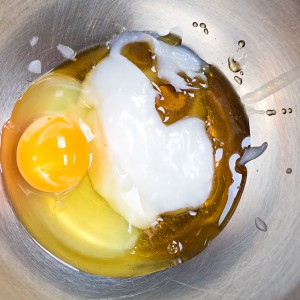 egg, coconut oil and maple syrup