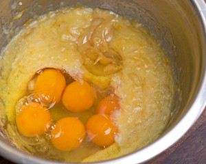 adding eggs and honey