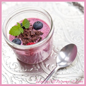 pink raspberry chia pudding with blueberries and dark chocolate