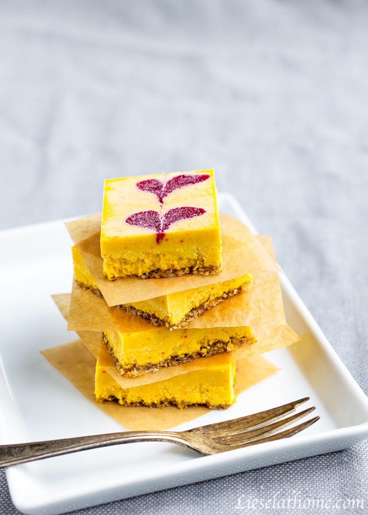 stacked pieces of saffron cheese cake