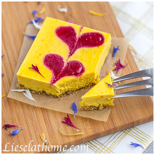 Saffron “cheese”-cake with raspberry hearts
